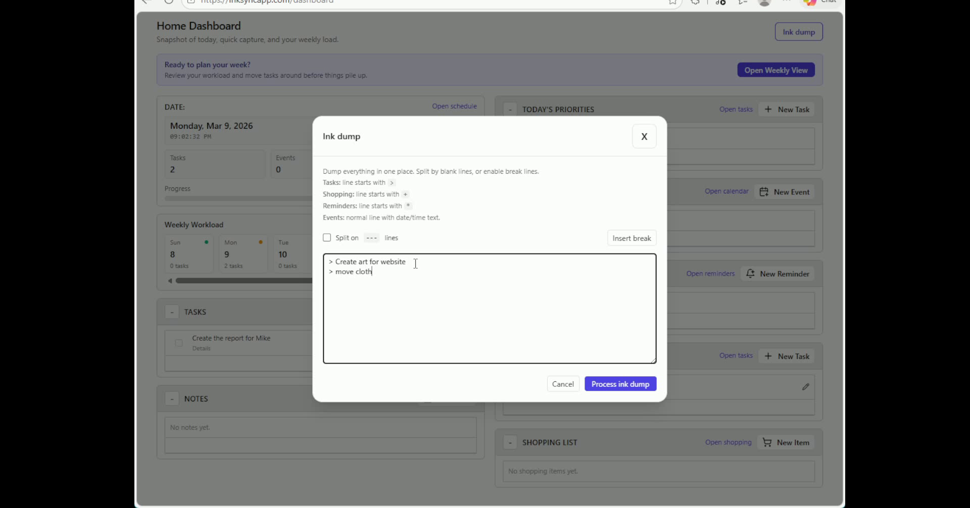 InkSync Ink Dump screen
