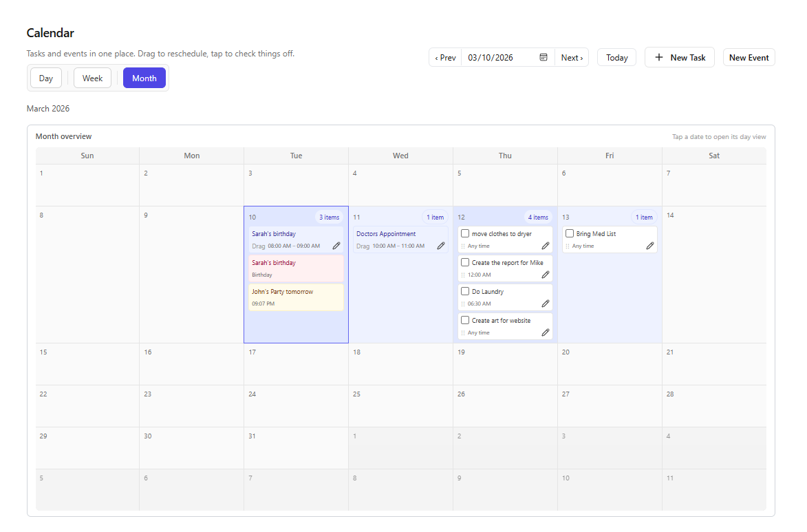InkSync month view screen with time-blocked task groups